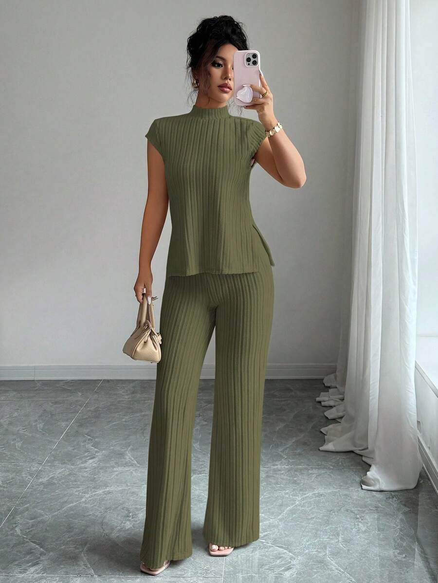 Remi Ensemble Femme – Ensemble Côtelé Deux Pièces Chic avec Haut Ajusté & Pantalon Moderne