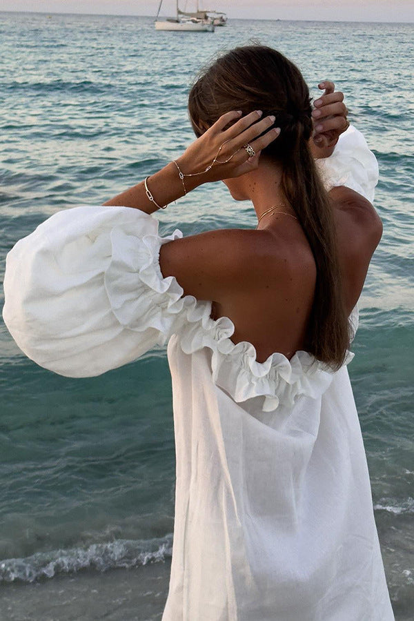 Abito lungo da donna Valentina – Abito in cotone boho con spalle scoperte, volant e scollo Bardot