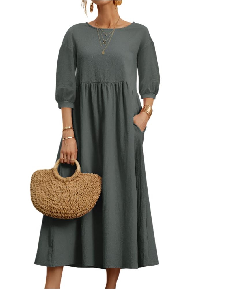 Abito midi da donna Flore - Cotone e lino traspirante, scollo rotondo, maniche a lanterna, comfort estivo 