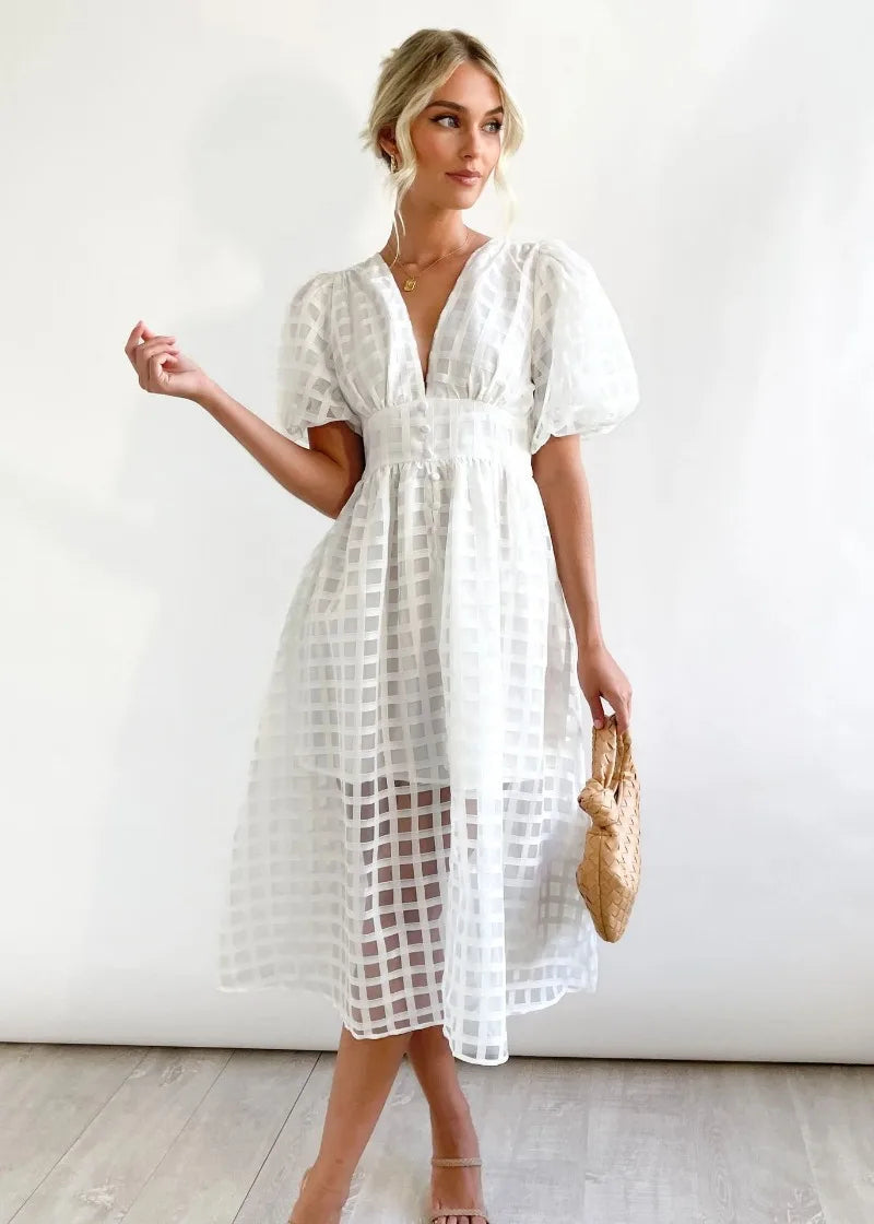Abito midi da donna Mylene - Elegante abito a quadri con volume e colori vivaci
