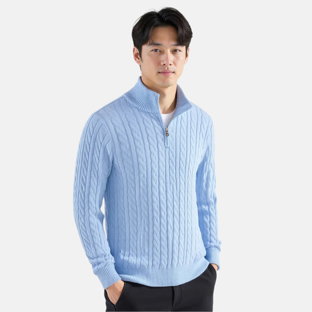 Pull Kiel Homme à Demi-Zip en Maille Torsadée – Pull Élégant à Col Montant en Mélange de Laine au Style Classique