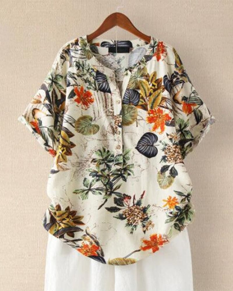 T-shirt da donna Elisse – T-shirt casual con stampa floreale, mix di cotone e lino e dettaglio nodo