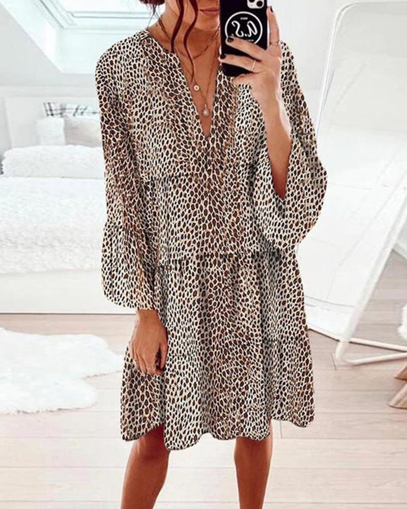 Avelyn Robe d'Été Femme – Robe Ample à Imprimé Léopard, Manches Bouffantes & Col en V Élégant