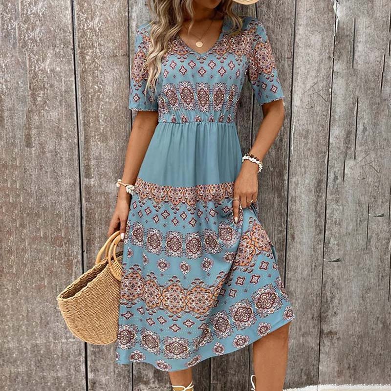 Robe Vintage Femme Lola – Coupe Trapèze Ample avec Col en V, Imprimé Géométrique & Manches Trompette