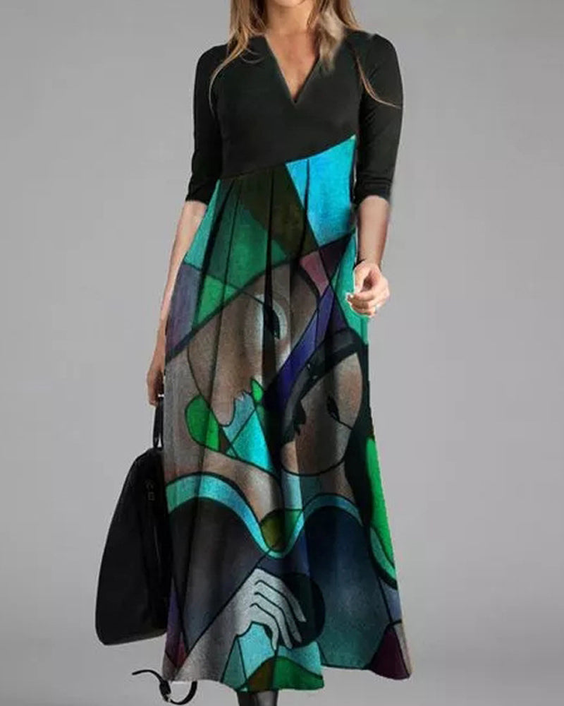 Robe Femme Nina – Robe Évasée Élégante à Manches Longues avec Motif Color Block & Plis Raffinés