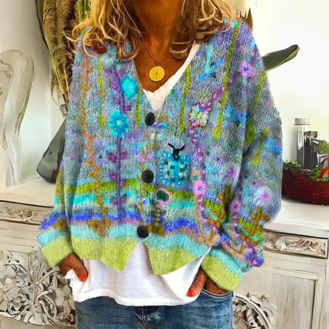 Cardigan bohémien Elisa – Cardigan multicolore con ricami floreali e vestibilità ampia