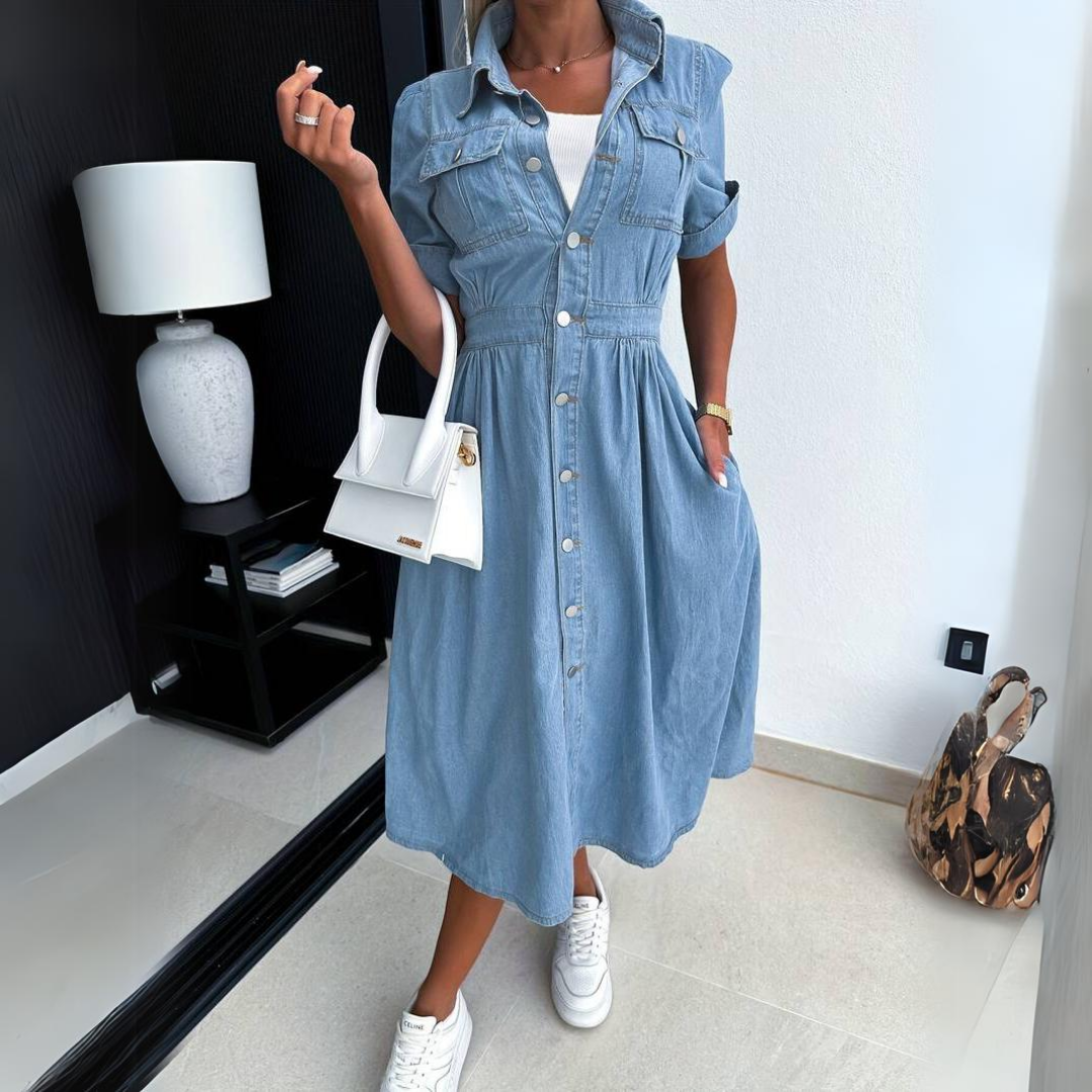 Abito in denim da donna Eloise - Abito in cotone leggero blu con taglio aderente