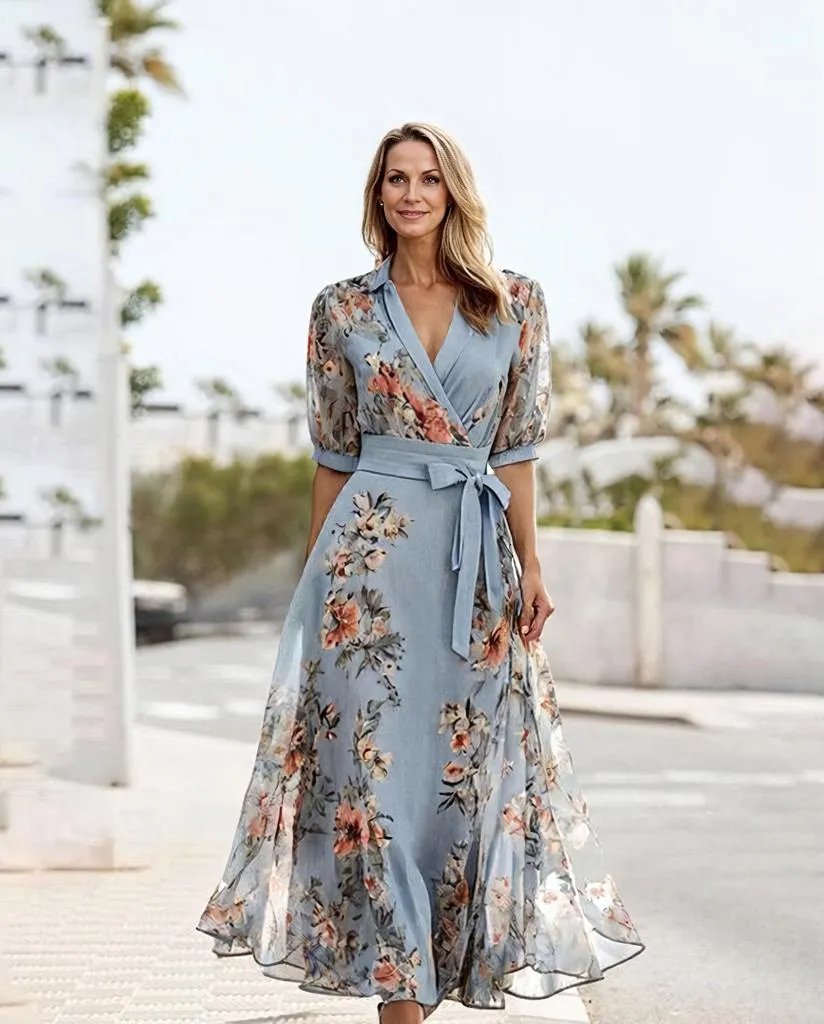 Aurelia Robe Midi Femme – Robe Élégante à Manches Courtes & Col en V pour Occasions Festives