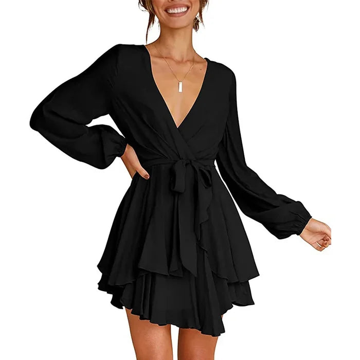 Cléo Robe Femme Courte – Robe Évasée avec Col en V, Ceinture & Manches Longues