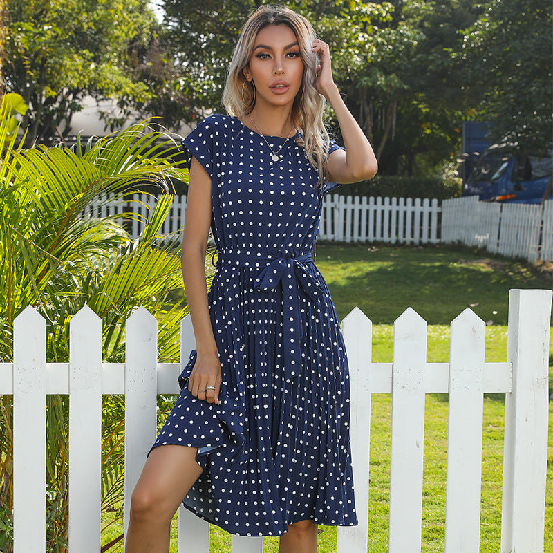 Abito midi da donna Victoria - Elegante abito a pois con maniche corte per l'estate e l'uso quotidiano