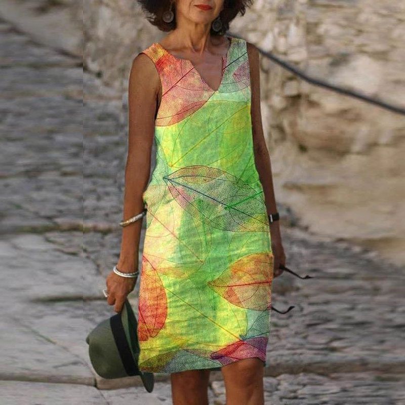 Abito estivo da donna Liorah – Abito senza maniche con stampa autunnale, scollo a V ed elegante vestibilità a trapezio