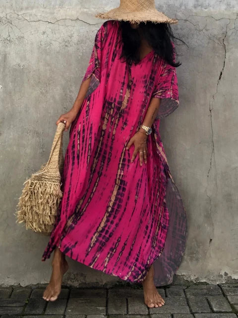 Abito caftano da donna Camille - Lungo, vestibilità ampia, scollo a V - Stile bohémien tie-dye per l'estate