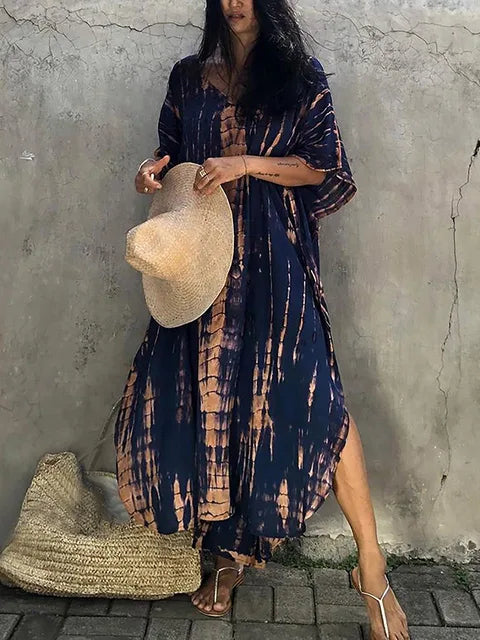 Abito caftano da donna Camille - Lungo, vestibilità ampia, scollo a V - Stile bohémien tie-dye per l'estate
