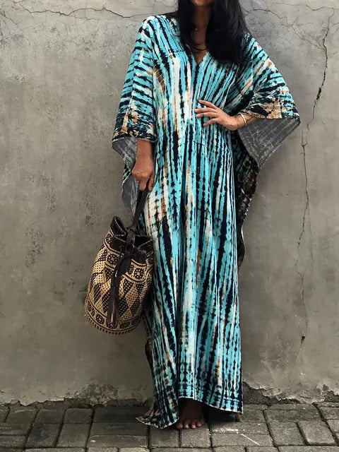 Abito caftano da donna Camille - Lungo, vestibilità ampia, scollo a V - Stile bohémien tie-dye per l'estate