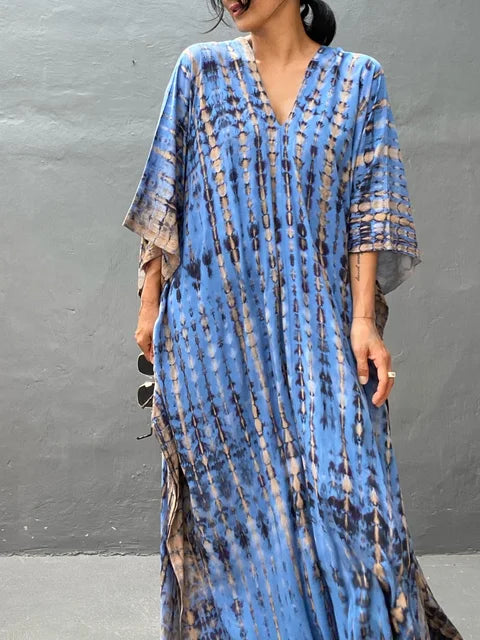 Abito caftano da donna Camille - Lungo, vestibilità ampia, scollo a V - Stile bohémien tie-dye per l'estate