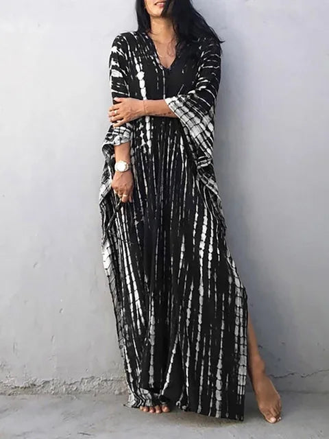 Abito caftano da donna Camille - Lungo, vestibilità ampia, scollo a V - Stile bohémien tie-dye per l'estate