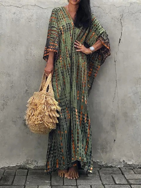 Abito caftano da donna Camille - Lungo, vestibilità ampia, scollo a V - Stile bohémien tie-dye per l'estate