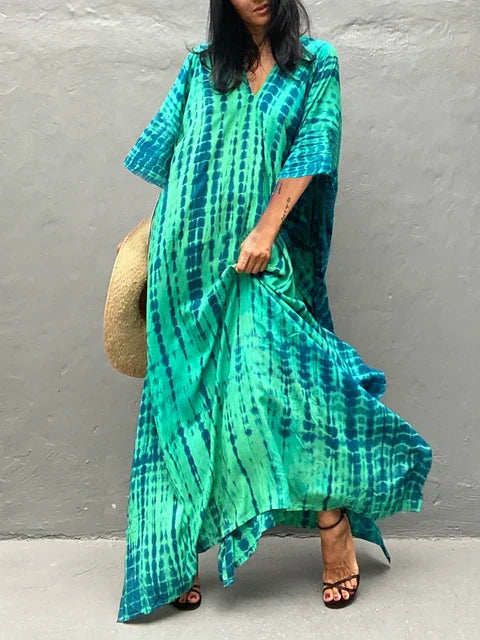 Abito caftano da donna Camille - Lungo, vestibilità ampia, scollo a V - Stile bohémien tie-dye per l'estate