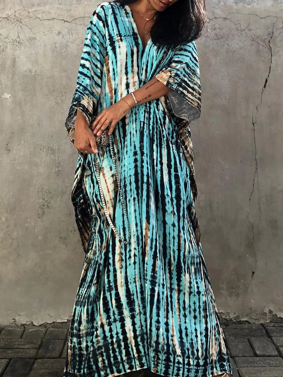 Abito caftano da donna Camille - Lungo, vestibilità ampia, scollo a V - Stile bohémien tie-dye per l'estate