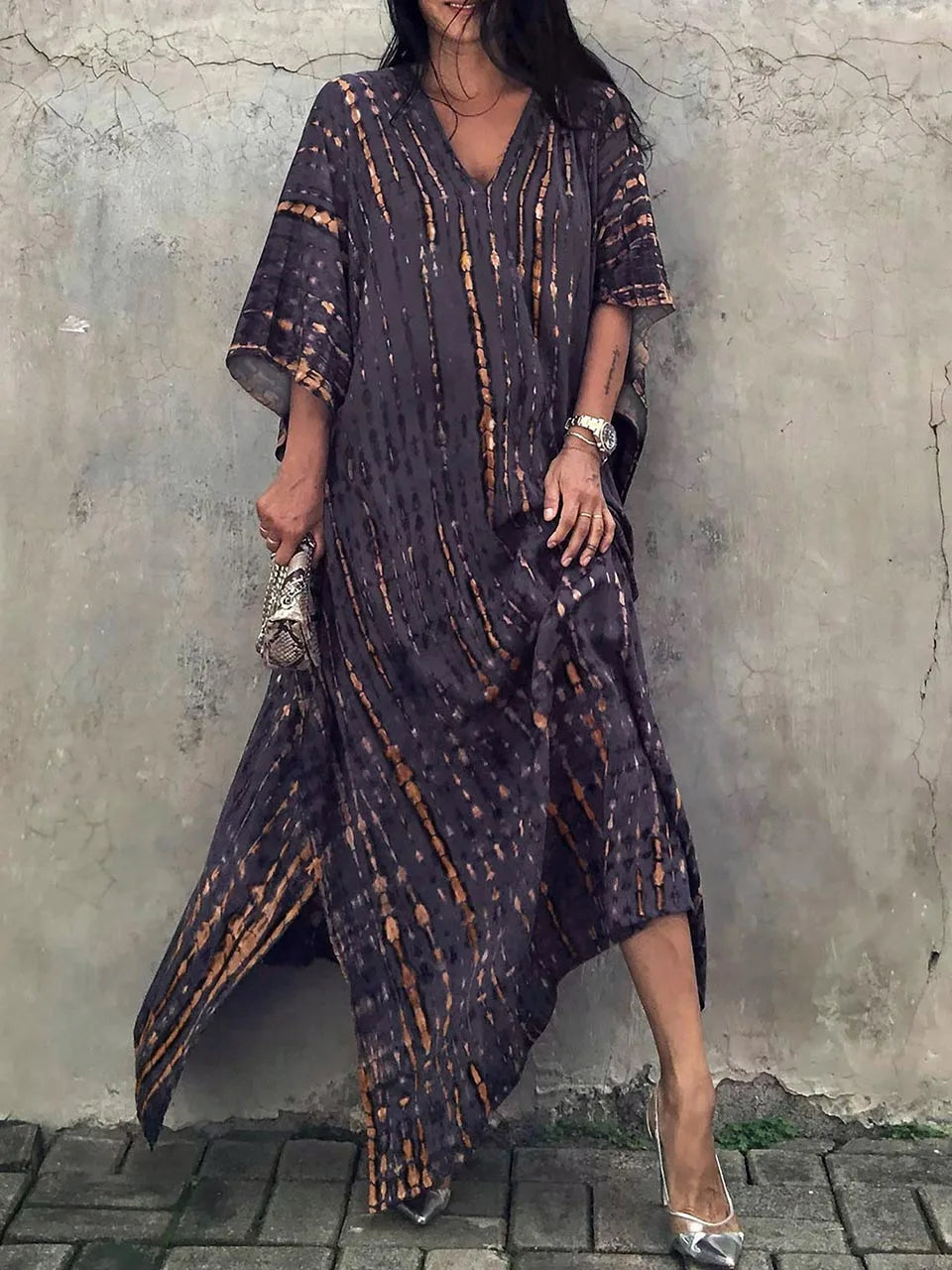 Abito caftano da donna Camille - Lungo, vestibilità ampia, scollo a V - Stile bohémien tie-dye per l'estate