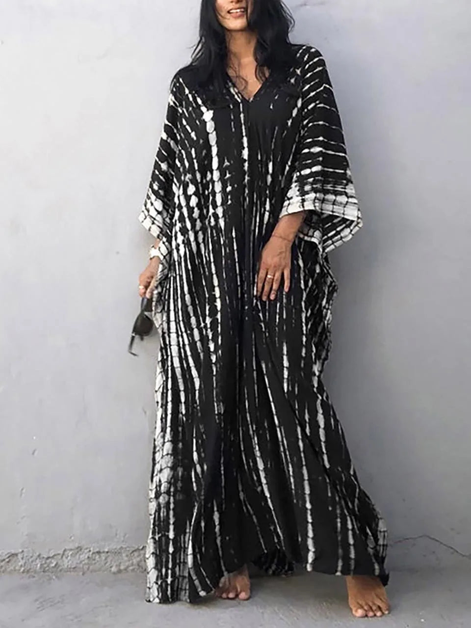 Abito caftano da donna Camille - Lungo, vestibilità ampia, scollo a V - Stile bohémien tie-dye per l'estate