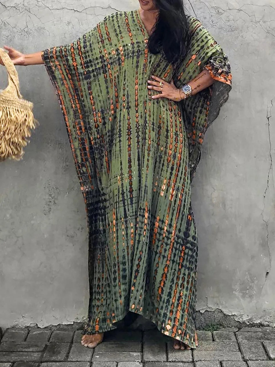 Abito caftano da donna Camille - Lungo, vestibilità ampia, scollo a V - Stile bohémien tie-dye per l'estate