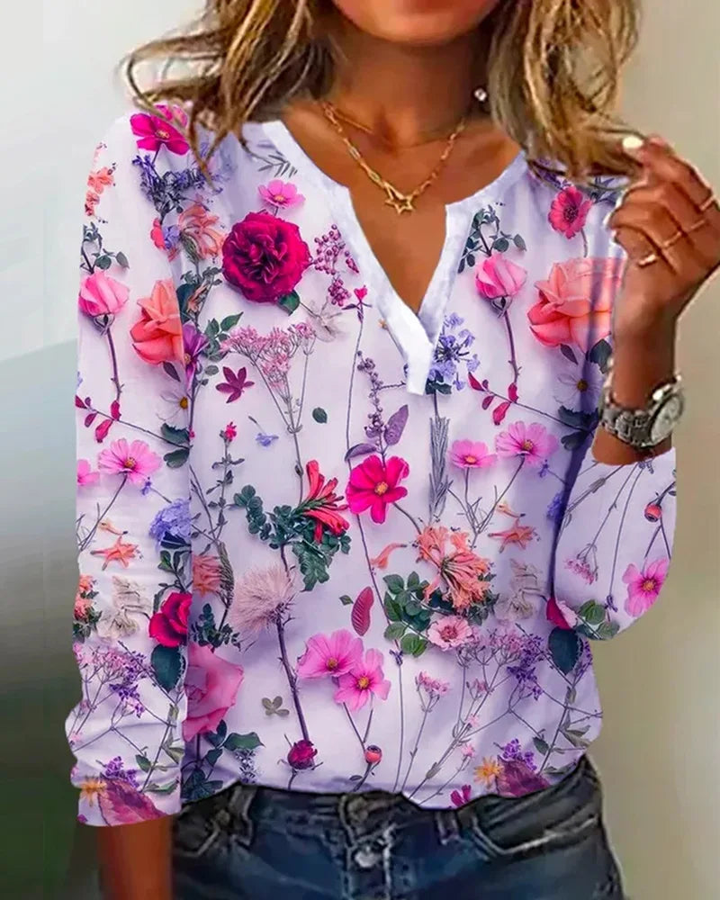 Camicetta da donna Clea - Top boho leggero con scollo a V, maniche lunghe e stampa floreale