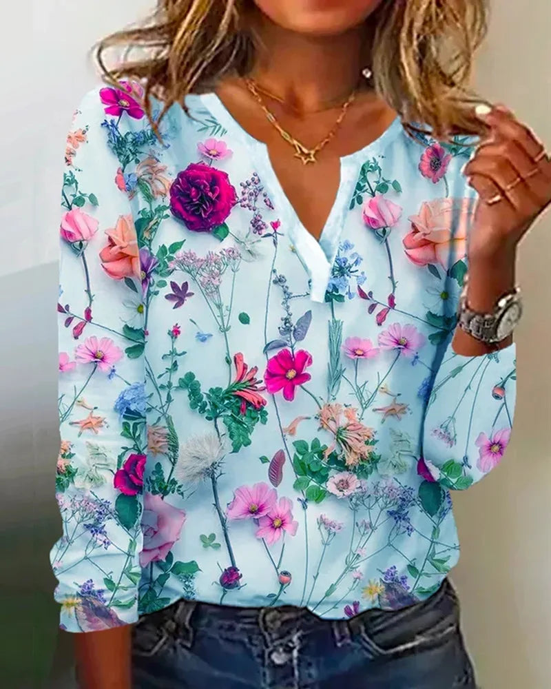Camicetta da donna Clea - Top boho leggero con scollo a V, maniche lunghe e stampa floreale