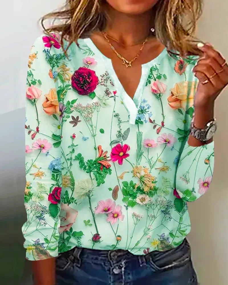 Camicetta da donna Clea - Top boho leggero con scollo a V, maniche lunghe e stampa floreale