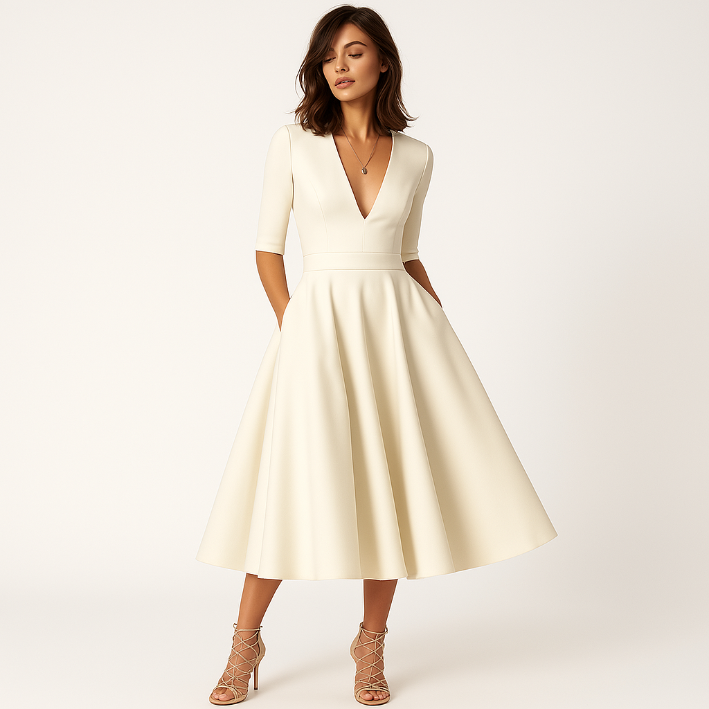 Abito midi Paisley da donna – Elegante abito écru con scollo a V e gonna svasata per cerimonie