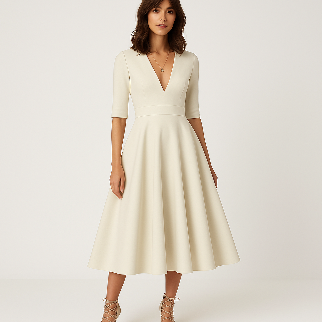 Abito midi Paisley da donna – Elegante abito écru con scollo a V e gonna svasata per cerimonie
