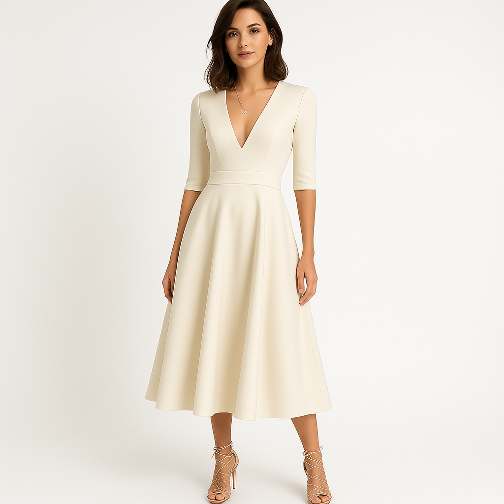 Abito midi Paisley da donna – Elegante abito écru con scollo a V e gonna svasata per cerimonie