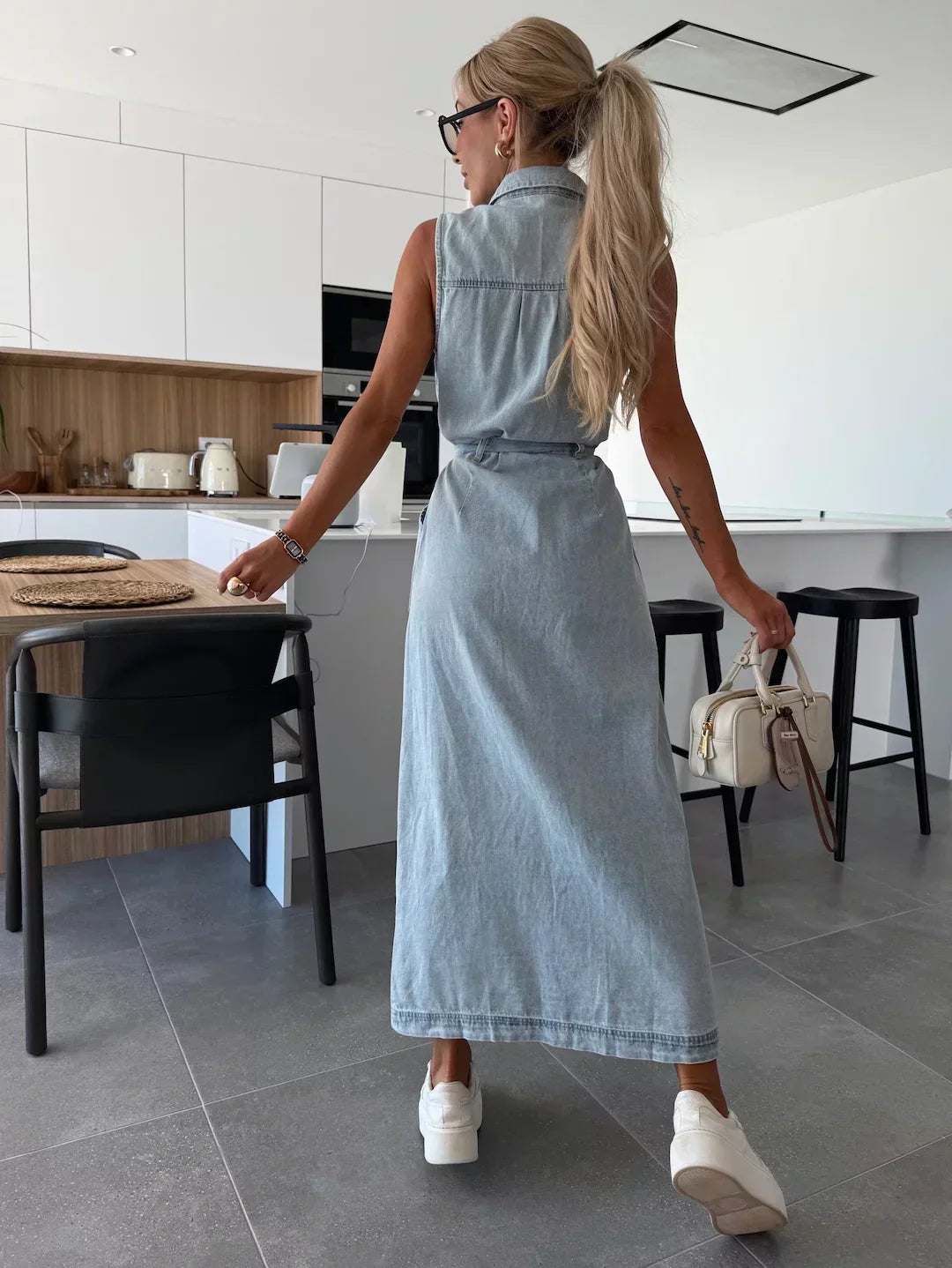 Mirella Robe Longue en Jean – Maxi Dress en Denim Souple avec Bretelles Réglables