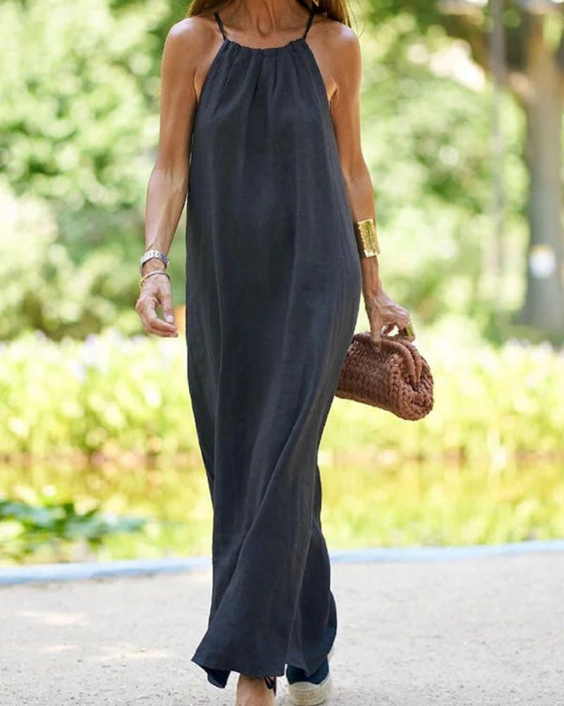 Abito lungo da donna Viela - Elegante schiena scoperta in cotone e lino per un look chic e arioso