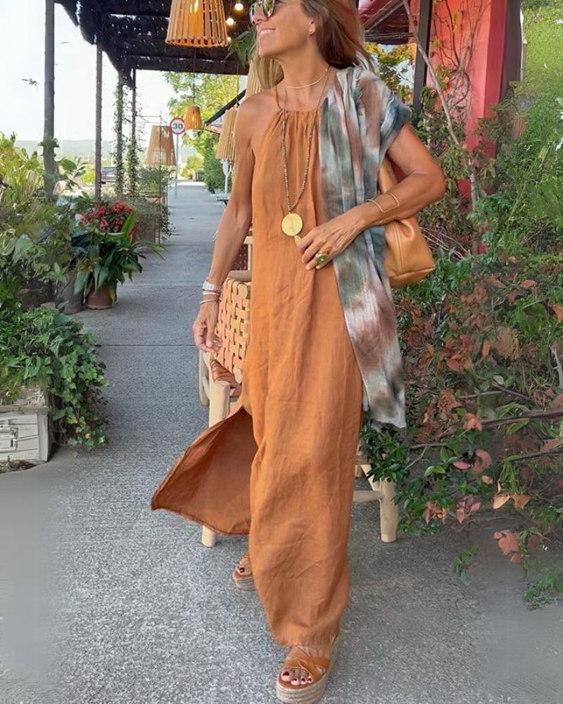 Abito lungo da donna Viela - Elegante schiena scoperta in cotone e lino per un look chic e arioso