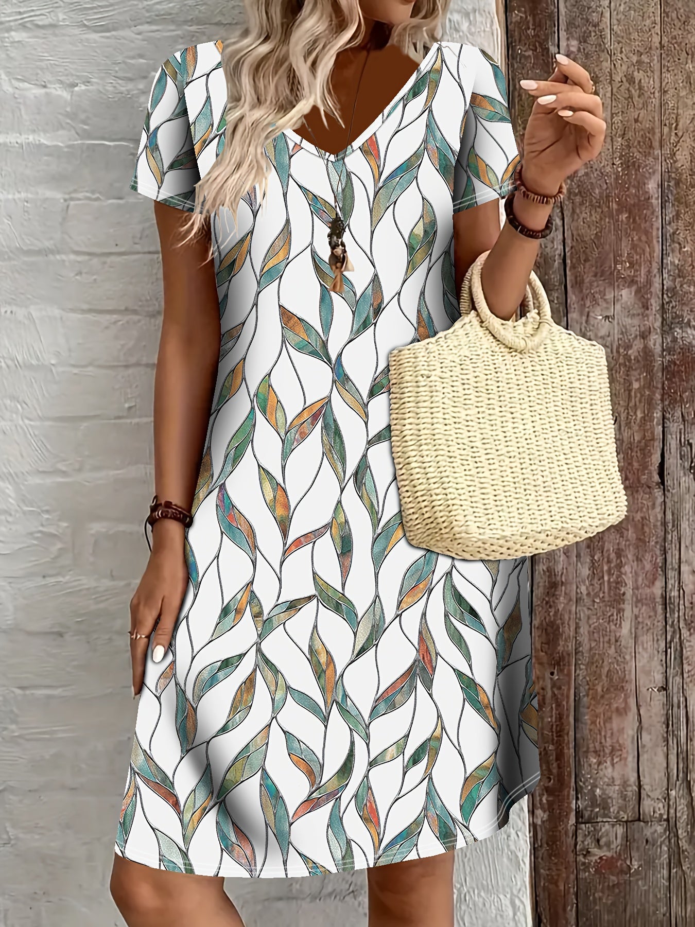 Robe d'Été Holly pour Femme – Robe Midi Élégante avec Imprimé Feuilles & Décolleté en V