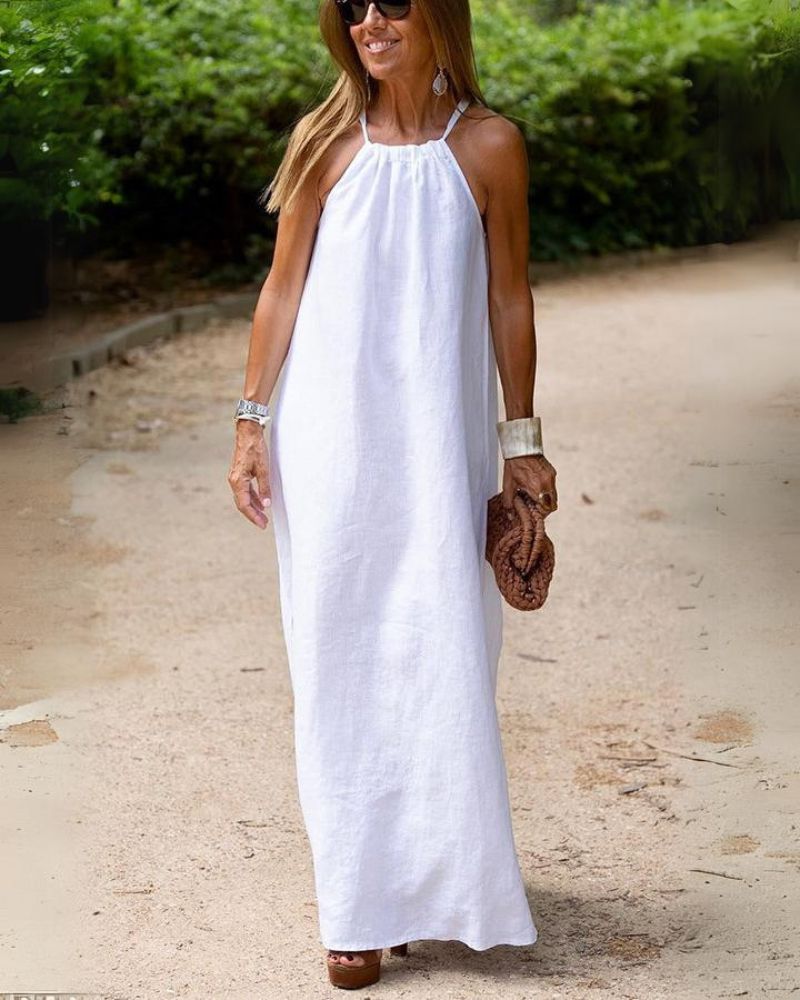 Abito lungo da donna Viela - Elegante schiena scoperta in cotone e lino per un look chic e arioso