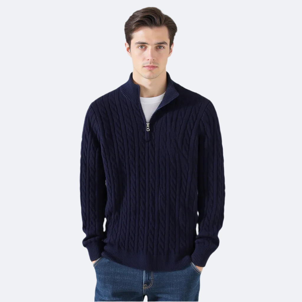 Pull Kiel Homme à Demi-Zip en Maille Torsadée – Pull Élégant à Col Montant en Mélange de Laine au Style Classique
