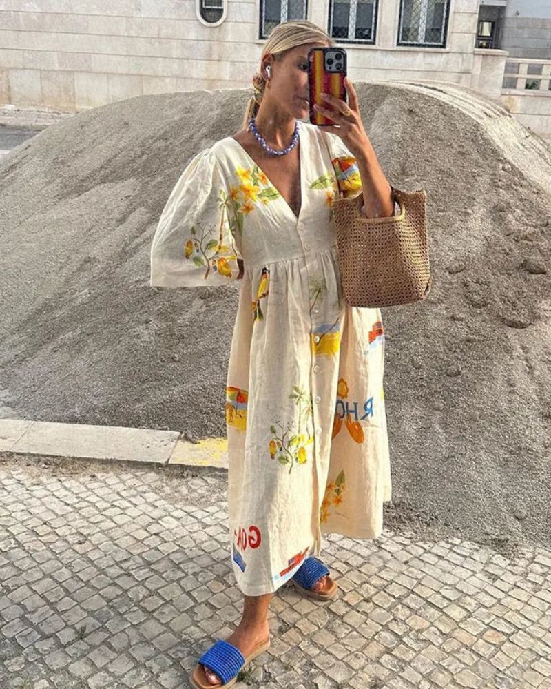 Abito in lino da donna Ara - Abito estivo midi con stampa colorata e vestibilità comoda