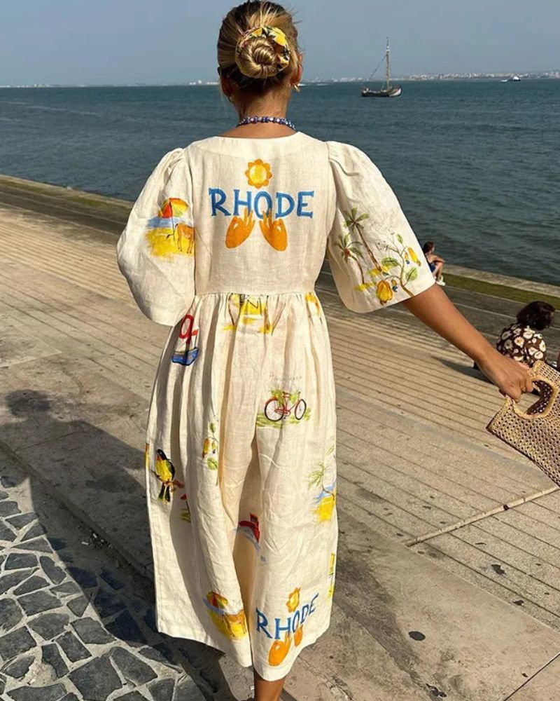 Abito in lino da donna Ara - Abito estivo midi con stampa colorata e vestibilità comoda