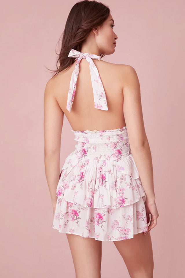 Abito da donna Deanna con scollo all'americana, scollatura profonda con lacci, stampa floreale e volant