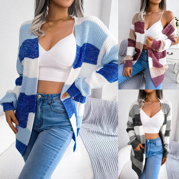 Alianna Cardigan Femme – Gilet Élégant à Carreaux avec Manches Lanterne Chic