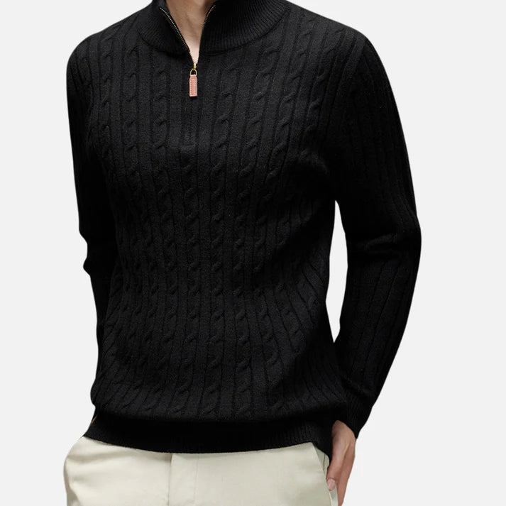 Maglione a collo alto con mezza zip e lavorazione a coste da uomo