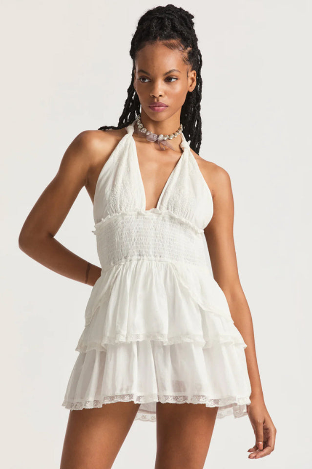 Abito da donna Deanna con scollo all'americana, scollatura profonda con lacci, stampa floreale e volant