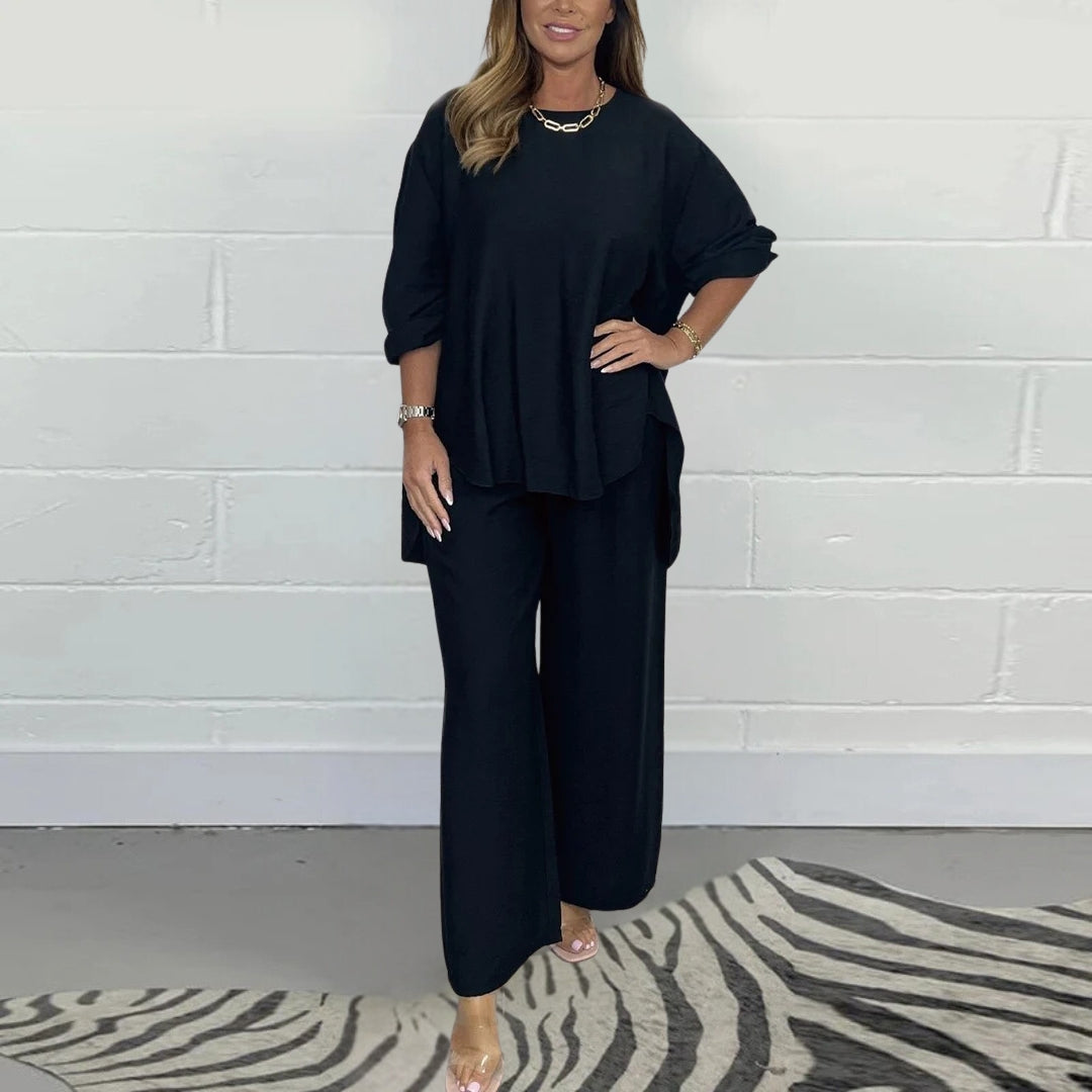 Completo estivo da donna Skyler: elegante top a maniche corte e pantaloni a gamba larga in tessuto arioso