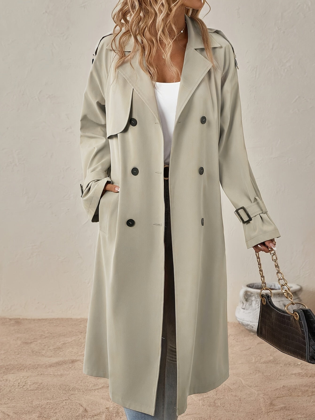 Eshita Trench pour femme – Manteau long élégant en mélange de coton avec coupe structurée & fermeture à boutons