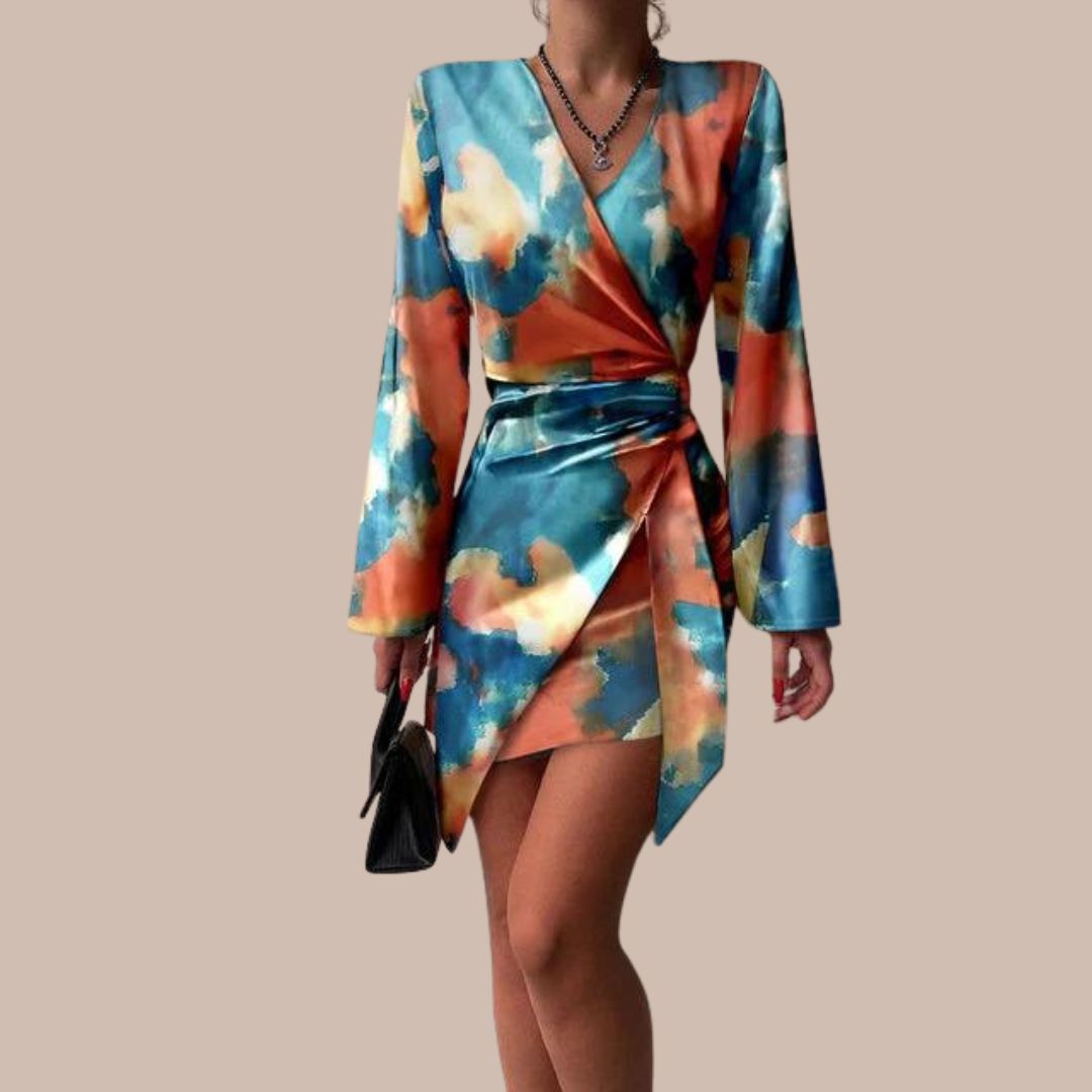 Abito avvolgente da donna Jena – Stampa con testo, scollo a V, eleganti maniche lunghe