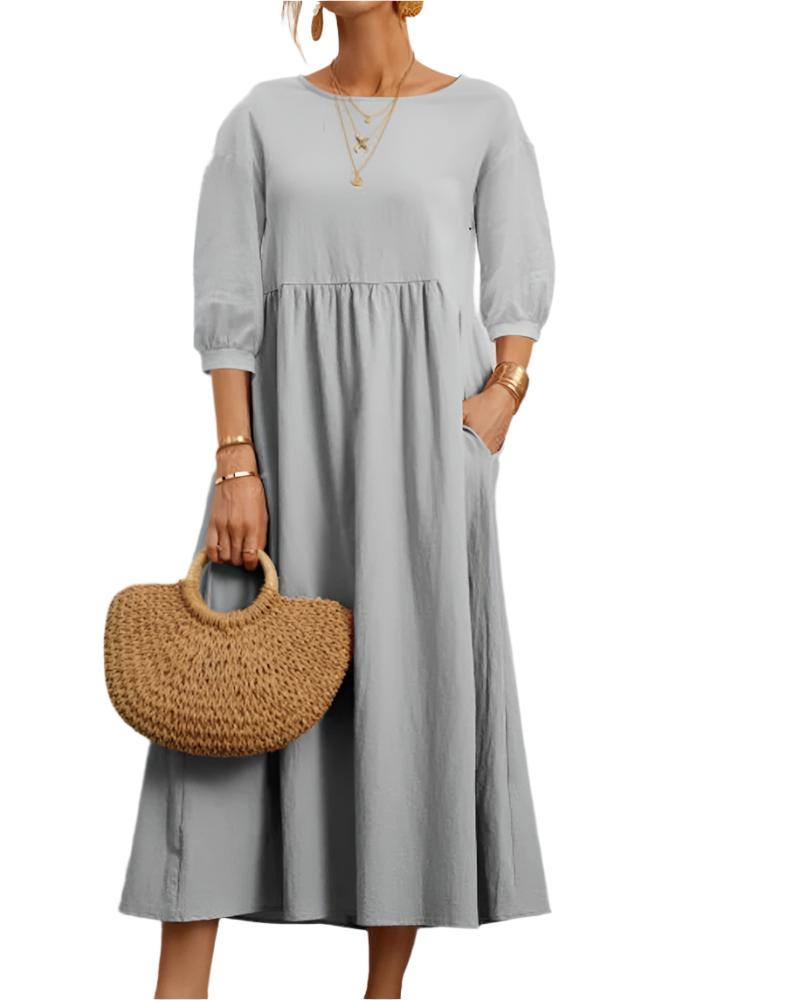 Abito midi da donna Flore - Cotone e lino traspirante, scollo rotondo, maniche a lanterna, comfort estivo 