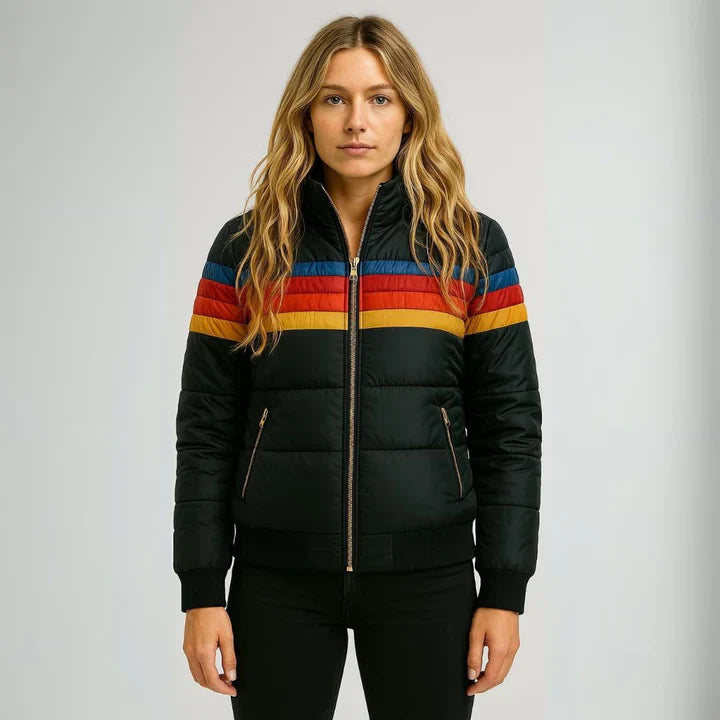 Scarlett Doudoune Femme Rétro – Manteau d’Hiver Multicolore avec Capuche et Fermeture Éclair