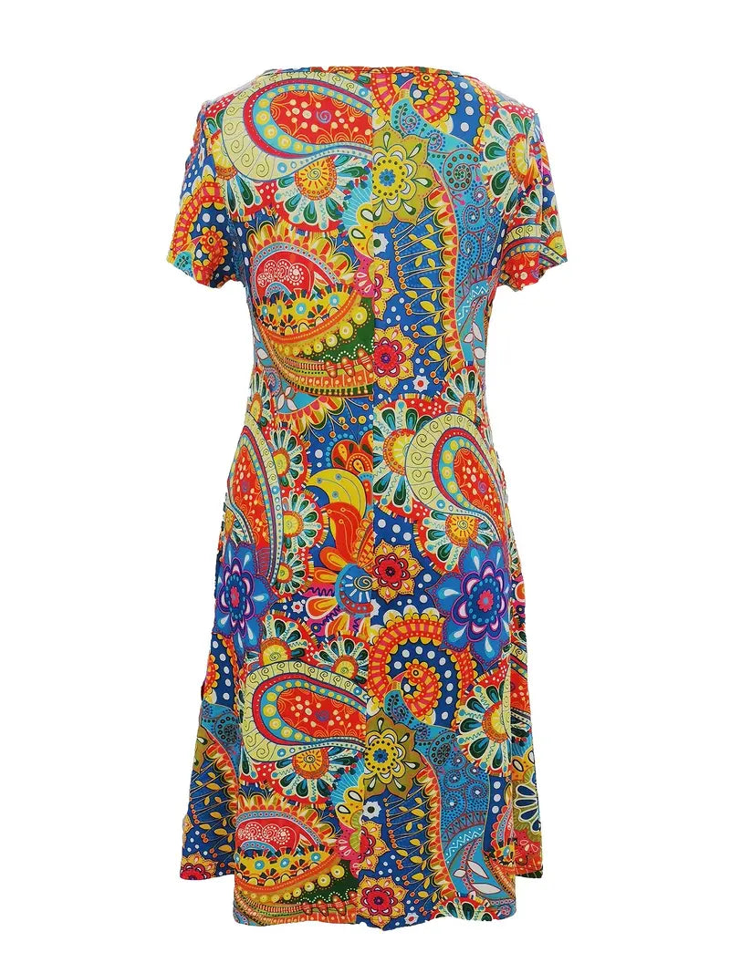 Nadia Robe Bohème Femme – Robe T-Shirt Confortable avec Imprimé Abstrait & Coupe Aérée